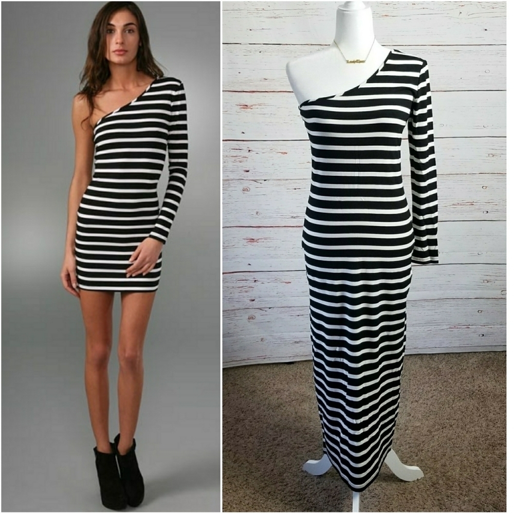 TORN // 1 long sleeve 1 cold shoulder black white striped bodycon maxi d…